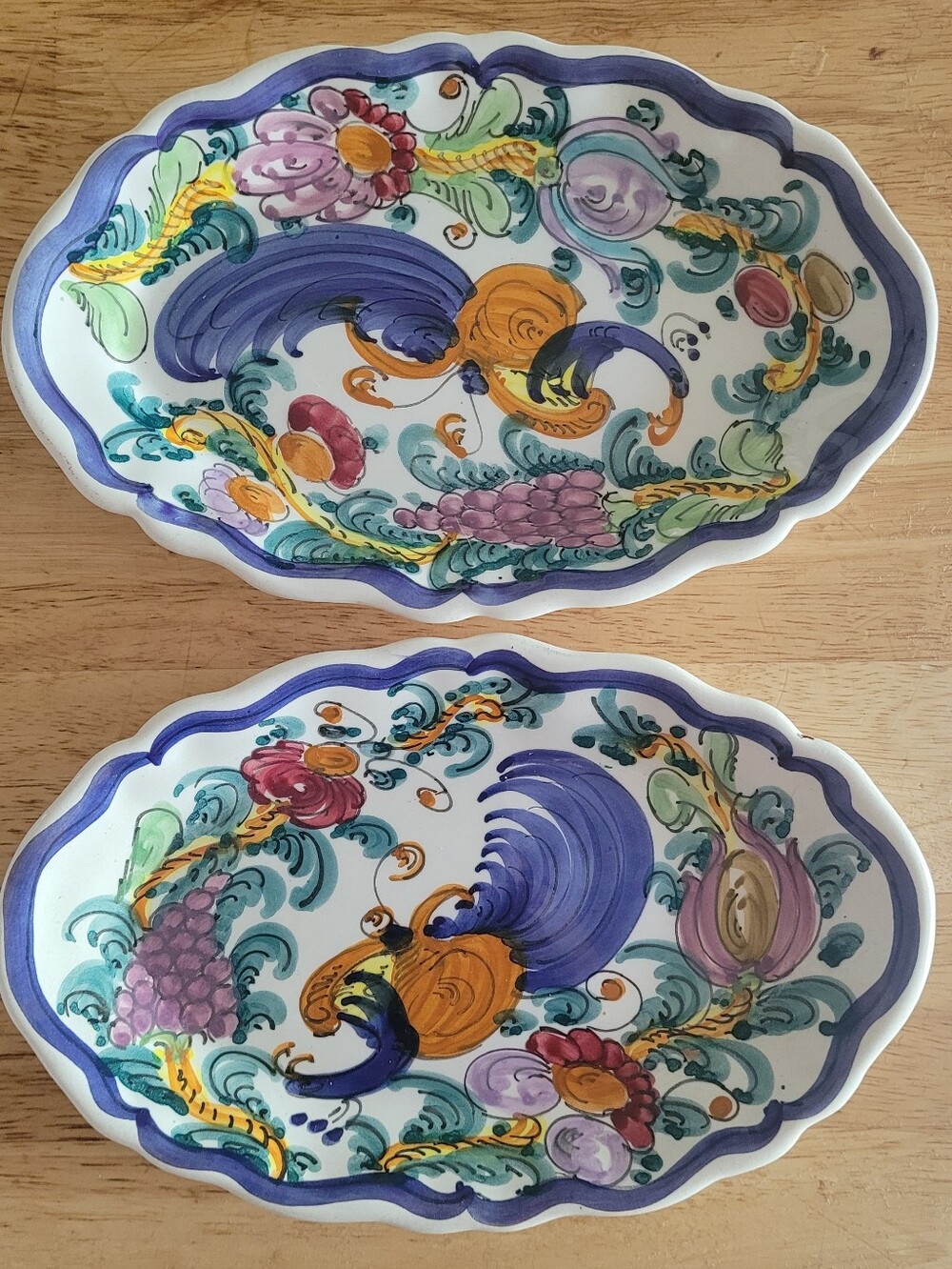 Vintage Purple, Yellow & Green Rooster Ceramic Serving Dishes